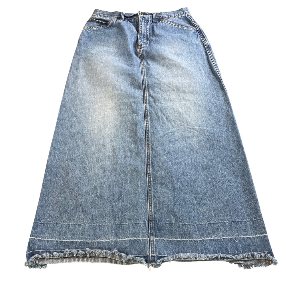 90s Y2K French Cuff Denim Maxi Skirt Womens 10 Medium Wash Frayed Raw Hem Modest